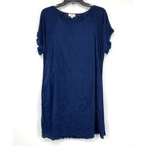 Umgee Dress Blue Linen Blend Floral Embroidered Fray Mini